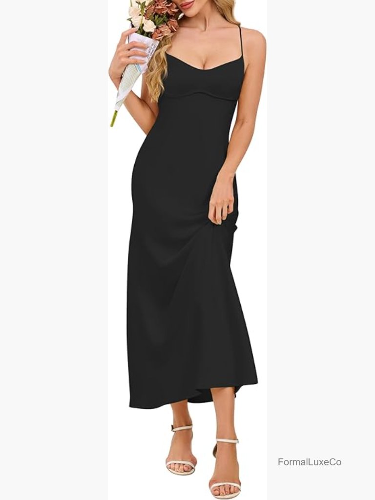 Elegant Satin Cowl Neck Maxi Dress Spaghetti Strap Backless Tie Low Back Formal